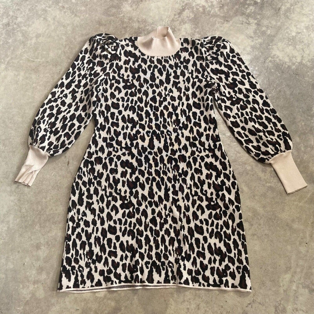 JUST TAYLOR Dress Womens Size Large Brown Leopard Animal Print Long Puff Sleeves